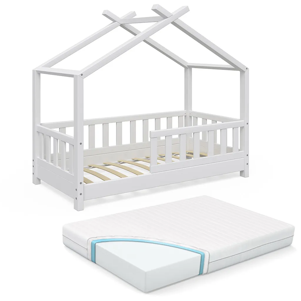Kinderbett Hausbett DESIGN Weiß 70x140cm Zaun Kinder Bett Holz Haus Hausbett Mit Matratze – Bild 2