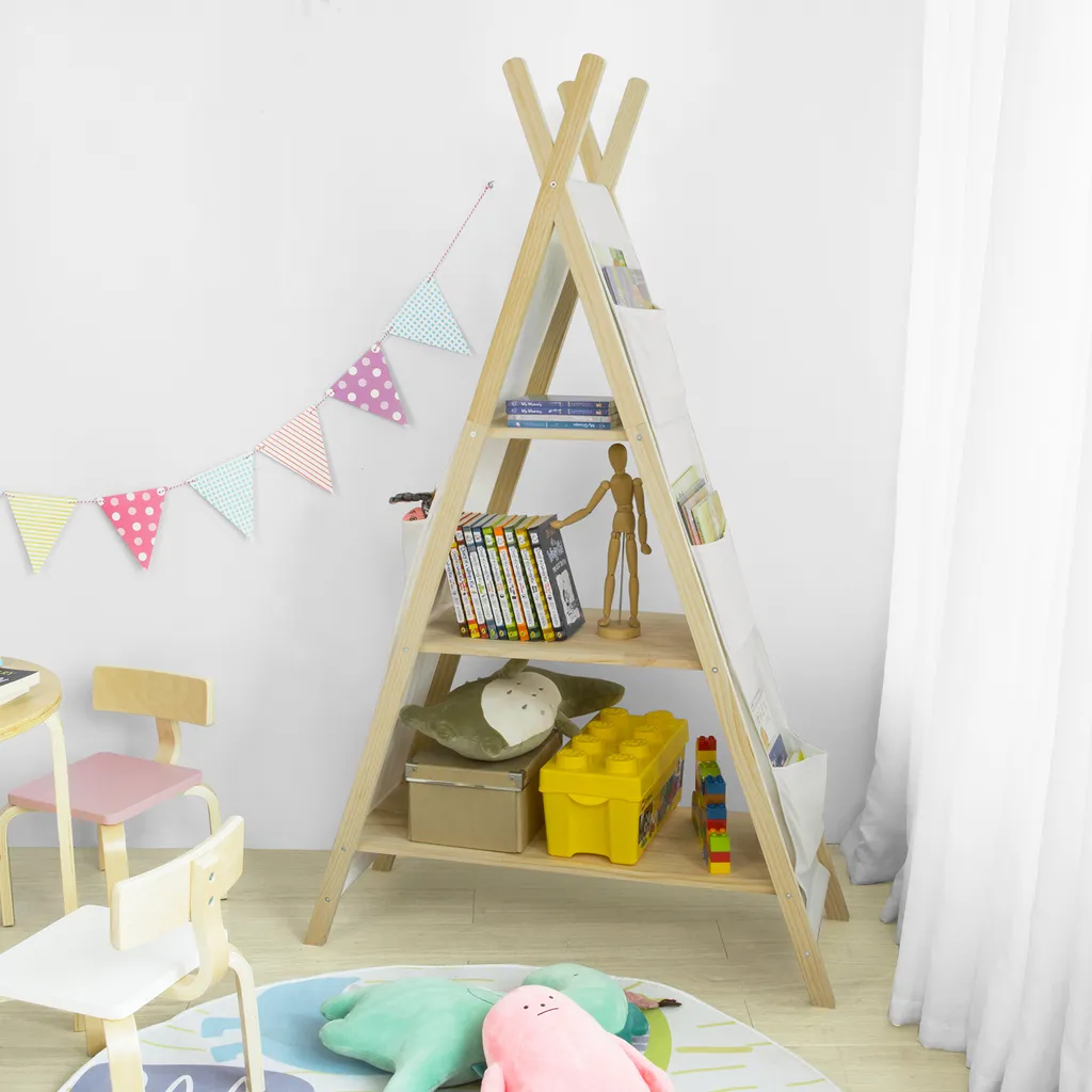 SoBuy KMB30-WN Tipi Kinderregal Mit 3 Aufbewahrungsfächer Kinder Bücherregal Spielzeugregal Kinderzimmerregal BHT Ca.: 93x151x36cm – Bild 2
