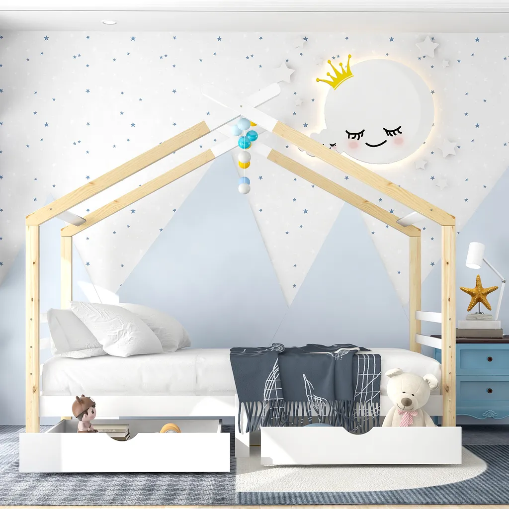 Merax Kinderbett 90x200cm Hausbett Mit Lattenrost Und 2 Schubladen, Spielbett Massivholzbett Für Kinder-und Jugendzimmer, Weiß/Natur – Bild 12