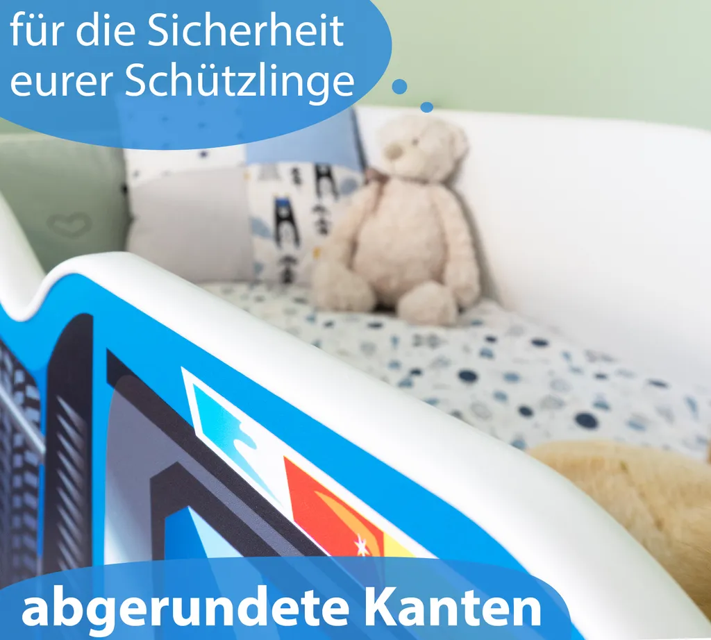 Alcube® Autobett 70x140 Cm LKW Polizei Mit Matratze Und Lattenrost Kinderbett 70x140 TRUCK Spielbett Massivholzbett Blau – Bild 3