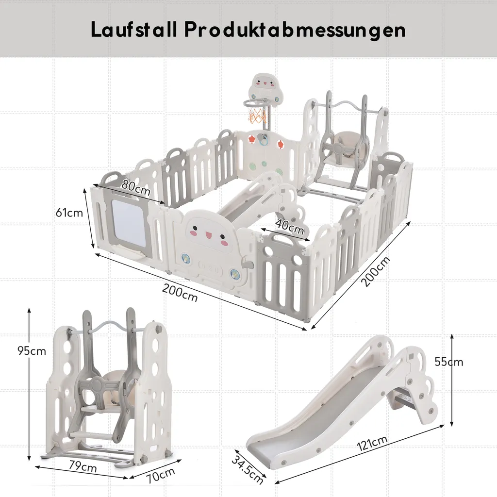 Merax Laufgitter Faltbar Laufstall Baby Absperrgitter 13+2 Paneele Schutzgitter Mit Schaukeln, Rutsche, Basketballkorb, Pinsel Und Zeichenbrett, Krabbelgitter 5-in-1 Laufgitter Für Kinder, Grau – Bild 9