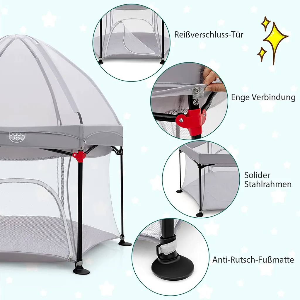 COSTWAY Sechseckiger Laufstall, Ein-Knopf-Faltung Laufgitter Mit Abnehmbarem Baldachin & Reißverschlusstür & Tragetasche & Matte, Absperrgitter Aus Mesh & Oxford-Tuch Für Baby 6-36 Monate Grau – Bild 6