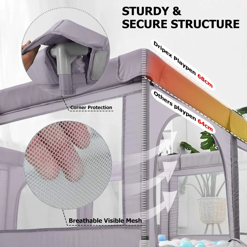 Dripex Laufstall Baby Laufgitter Absperrgitter Mit Atmungsaktivem Netz 150x200cm Schutzgitter Krabbelgitter Für Kinder, Große Sicherheitsspielplatz, Dunkel Grau – Bild 3