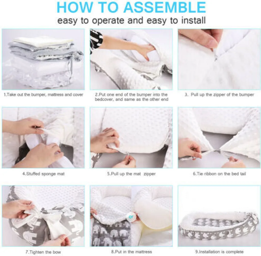 Topchances Kuschelnest Babynest Multifunktionales Nest Für Babys Säuglinge Reisebett, 100% Baumwolle Bionic Bett, Für 0-24 Monate Baby Und Säuglinge (Grau/Elefant) – Bild 9