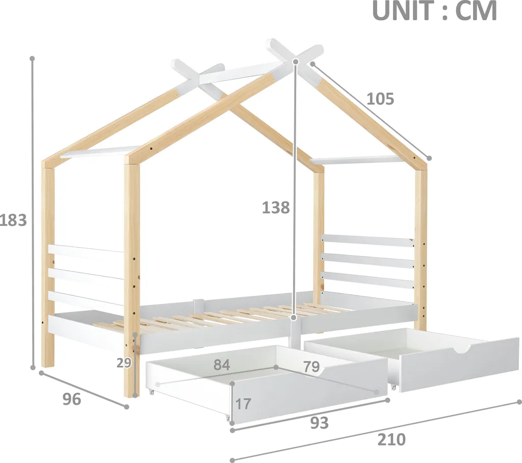 Merax Kinderbett 90x200cm Hausbett Mit Lattenrost Und 2 Schubladen, Spielbett Massivholzbett Für Kinder-und Jugendzimmer, Weiß/Natur – Bild 9