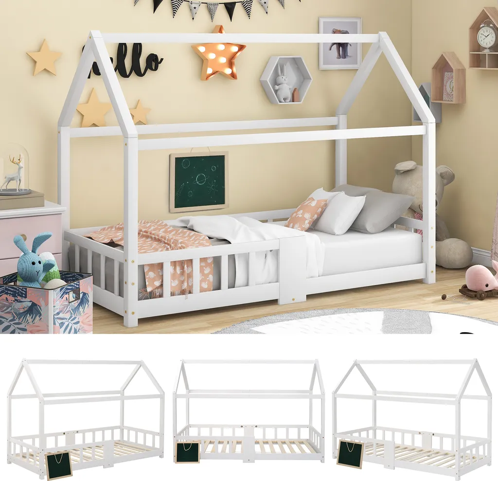 Merax Kinderbett 90 X 200 Cm Hausbett Mit Tafel Und Rausfallschutz, Lattenrost Und Zaun, Einzelbett Für Mädchen Und Jungen Kinderbetten Aus Massivem Kiefernholz, Weiß – Bild 3