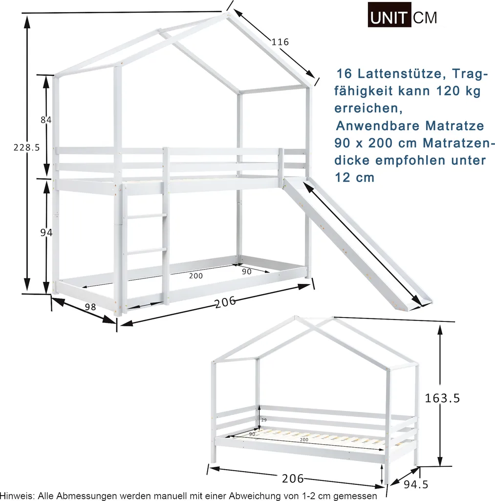 Merax Kinderbett 90x200cm Hochbett Etagenbett Mit Leiter Und Rutsche, Rausfallschutz Und Dachform, 2 Einzelbetten Hoch Doppel Stockbett Für Kinderzimmer, Kiefernholz Rahmen, Weiß – Bild 8