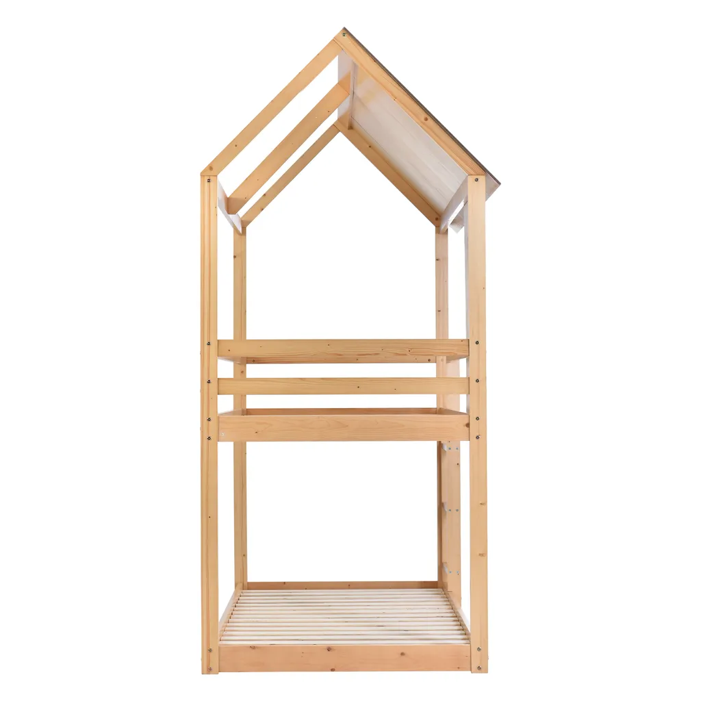 Merax Etagenbett 90x200cm Kinderbett Hochbetten Mit Dach, Leiter, Fenster Und Lattenrost, Doppelstockbett 2 Einzelbetten Für Kinderzimmer, Kiefernholz Rahmen, Eichenfarbe – Bild 10