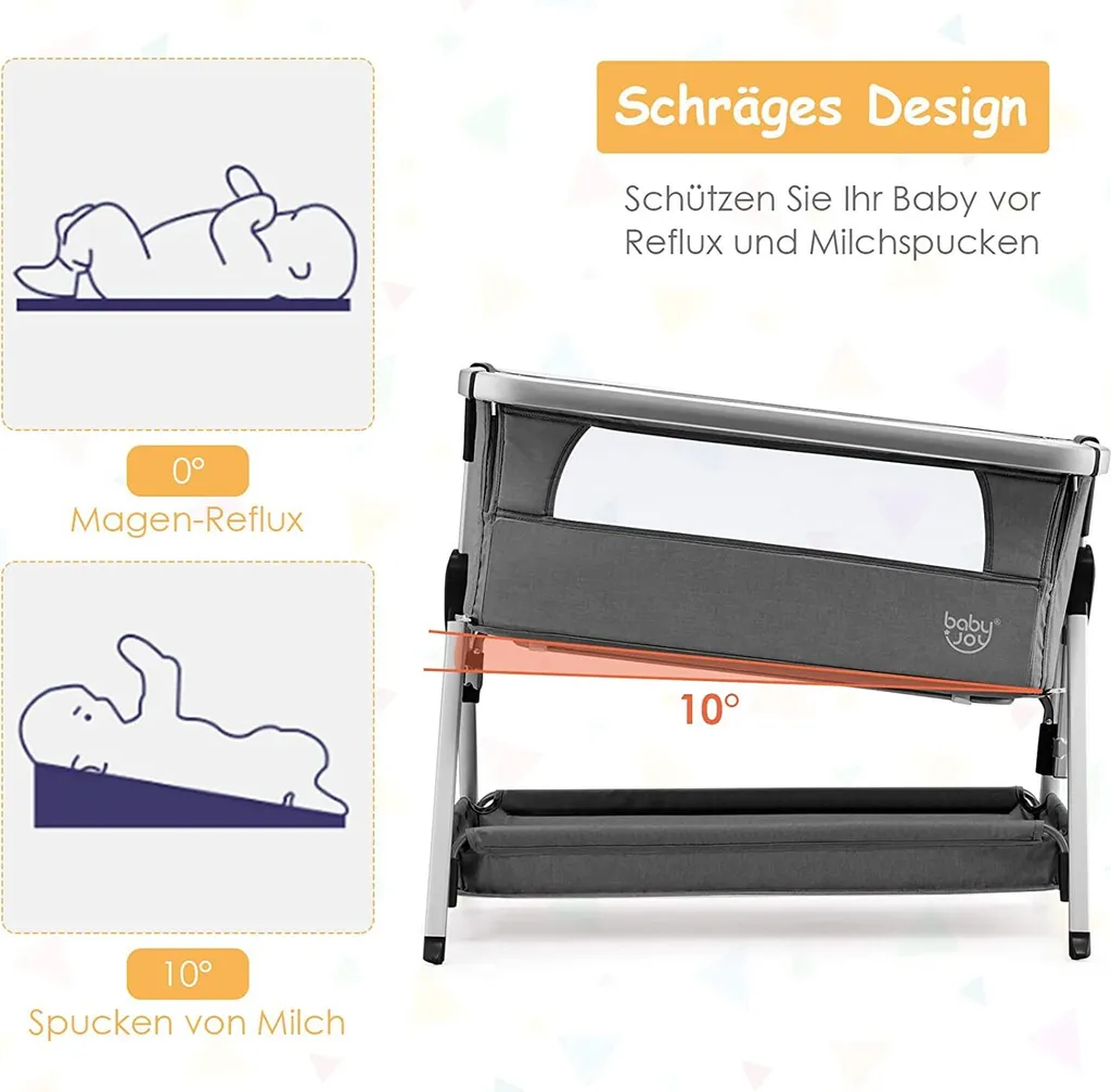 COSTWAY 3 In 1 Beistellbett & Babywiege & Reisebett Klappbar, Babybett Mit 7-Fach Verstellbarer Höhe, Tragbares Babywiege Mit Sicherheitsgurt, Netzfenster, Matratze, Bodenkorb & Rädern (Dunkelgrau) – Bild 5