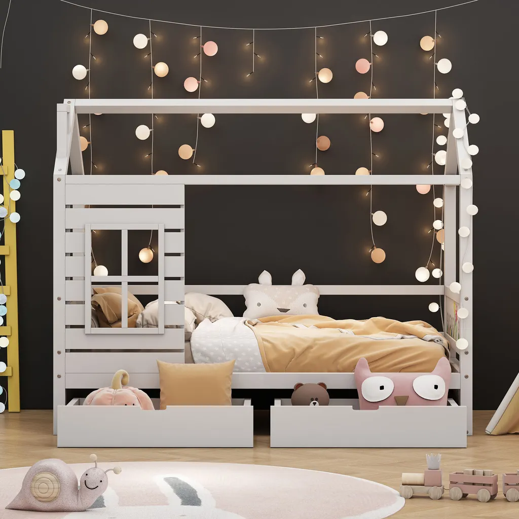 Merax Kinderbett 90x200cm Hausbett Mit 2 Schubladen Und Rausfallschutz, Dach Und Fenster, Kiefer Einzelbett Babybett Kinderhaus Mit Lattenrost, Weiß – Bild 2