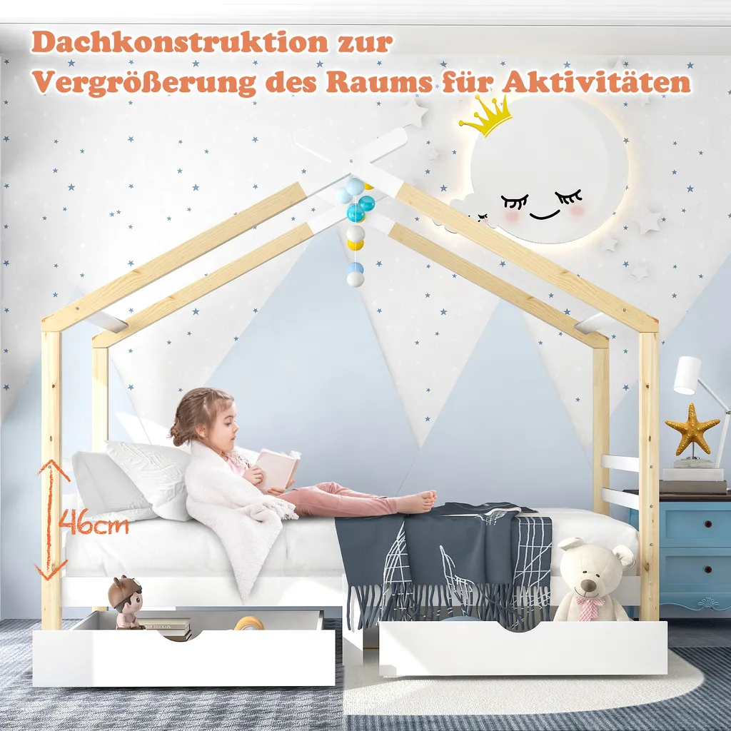 Merax Kinderbett 90x200cm Hausbett Mit Lattenrost Und 2 Schubladen, Spielbett Massivholzbett Für Kinder-und Jugendzimmer, Weiß/Natur – Bild 8