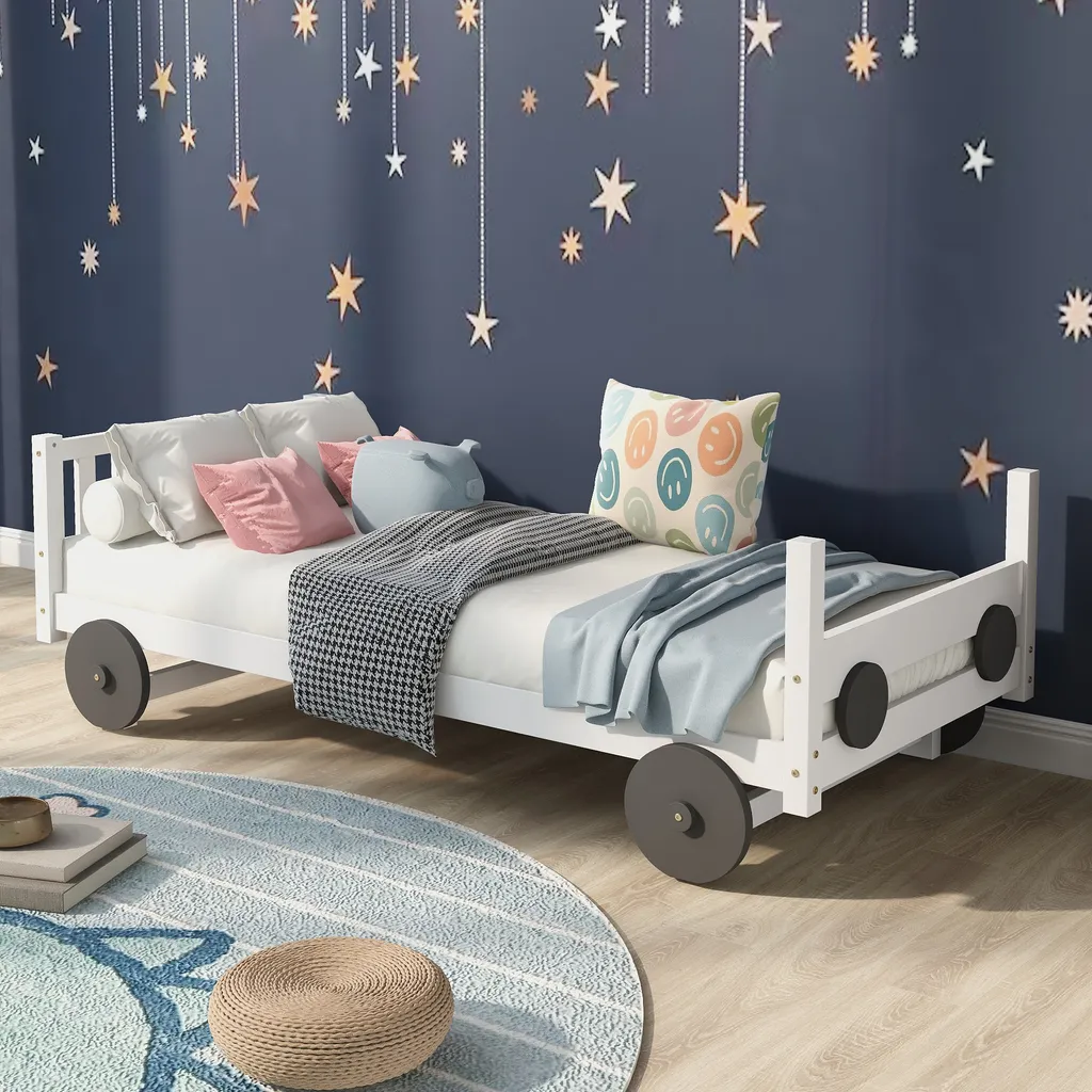 Merax Kinderbett 90x200cm Autobett Mit Lattenrost Und Rädern, Abnehmbarer Rahmen, Rahmen Aus Kiefer, Einzelbett Jungenbett Babybett Für Mädchen Und Jungen, Weiß – Bild 3