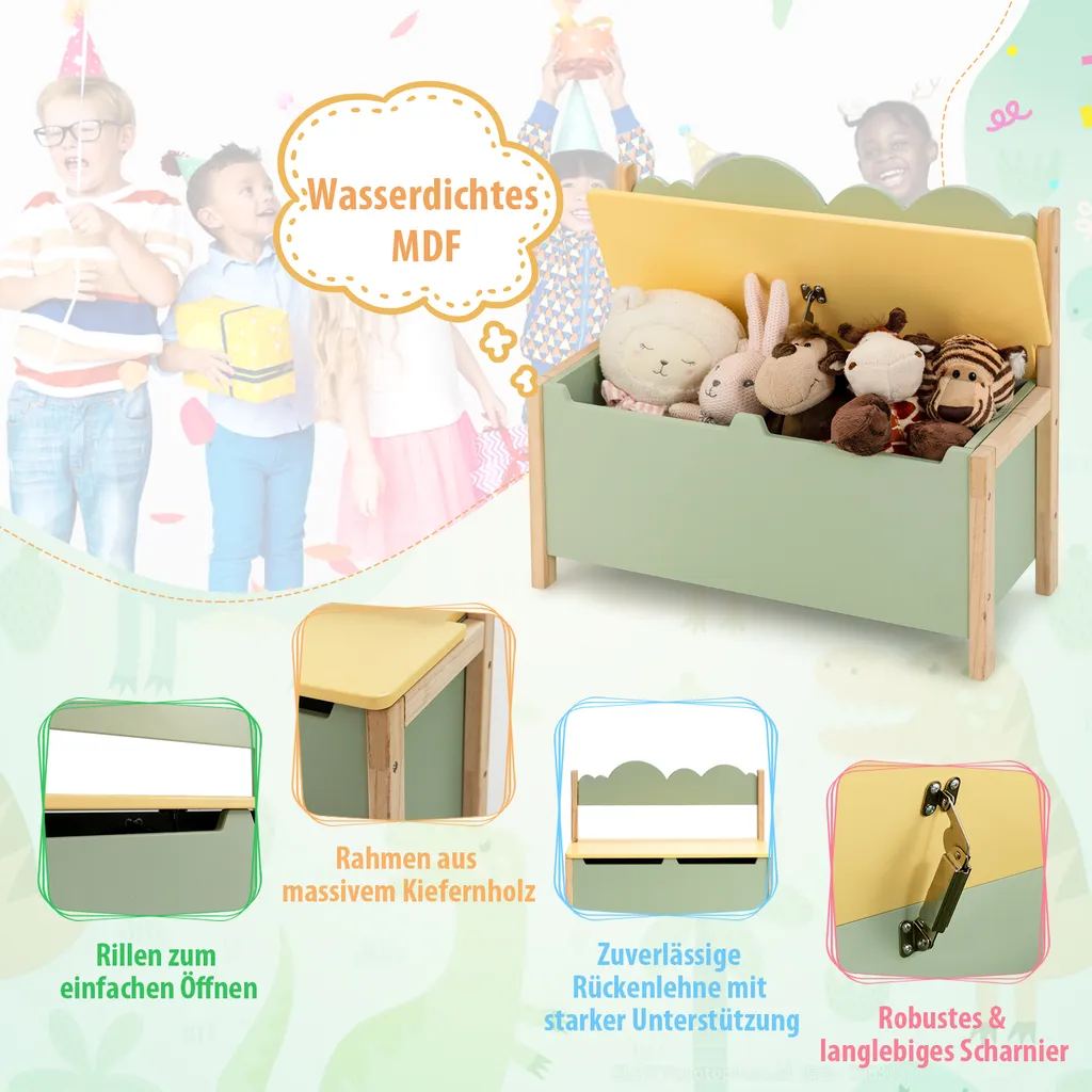 COSTWAY Spielzeugtruhe Mit Deckel, 2 In 1 Spielzeugschrank Und Sitzbank Mit Rücklehne, Mit Großem Stauraum Aus Holz, Spielzeugkiste Grün 60 X 26 X 50cm – Bild 5