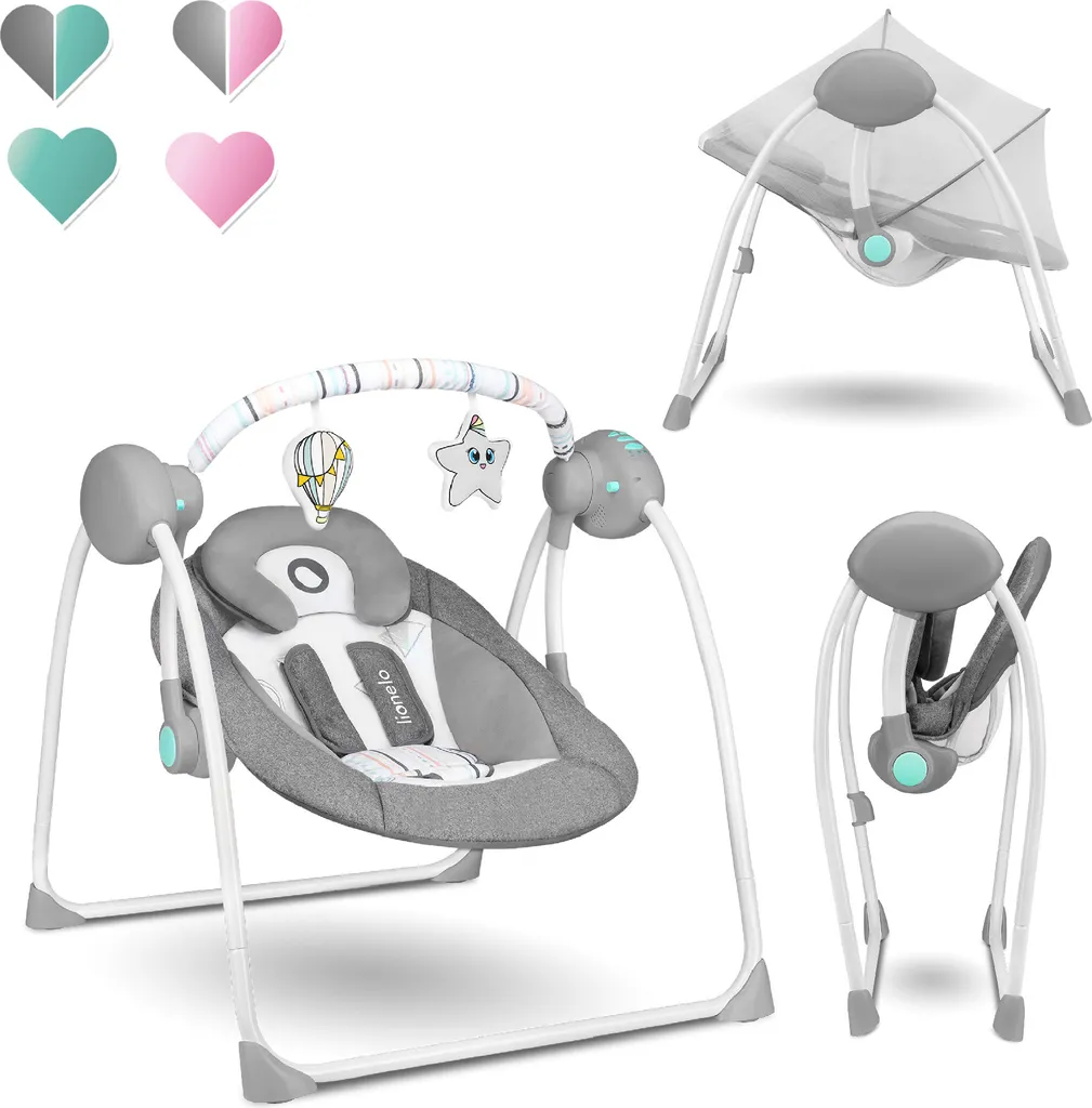 Lionelo Ruben Baby Wippe Babyschaukel Elektrisch Mit Liegefunktion Von 0 Bis 9 Kg Moskitonetz Kuscheltierbügel Dunkelgrau-Türkis