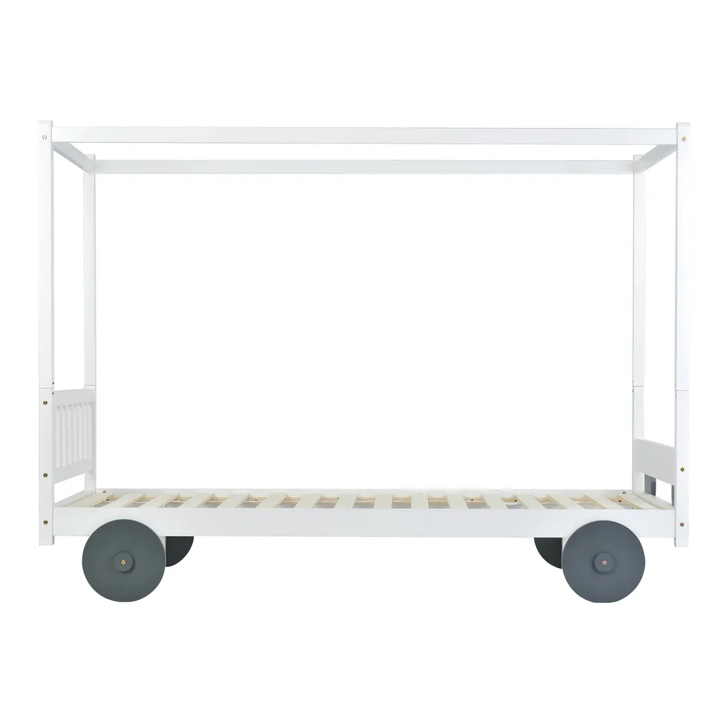 Merax Kinderbett 90x200cm Autobett Mit Lattenrost Und Rädern, Abnehmbarer Rahmen, Rahmen Aus Kiefer, Einzelbett Jungenbett Babybett Für Mädchen Und Jungen, Weiß – Bild 10