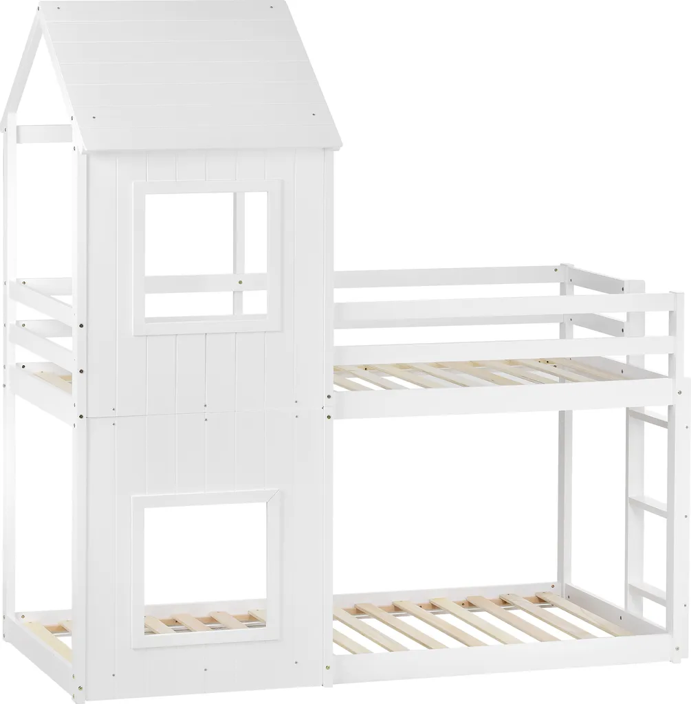 Merax Etagenbett 90x200 Cm Hochbett Mit Treppe Und Lattenrost, Dach Und Rausfallschutz, Kieferholzbett Kinderbett Für 2 Kinder, Weiß – Bild 13
