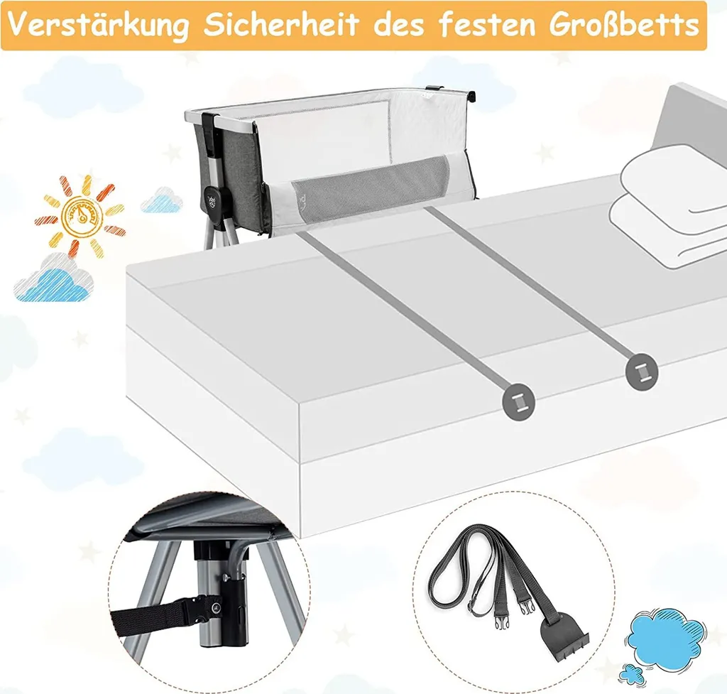 COSTWAY 3 In 1 Beistellbett & Babywiege & Reisebett Klappbar, Babybett Mit 7-Fach Verstellbarer Höhe, Tragbares Babywiege Mit Sicherheitsgurt, Netzfenster, Matratze, Bodenkorb & Rädern (Dunkelgrau) – Bild 2