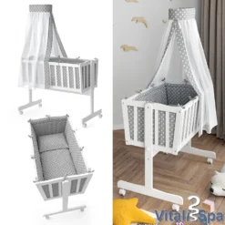 VITALISPA Wiege NOAH Schaukelwiege Babywiege Holz Weiß Grau Bett Set Buche