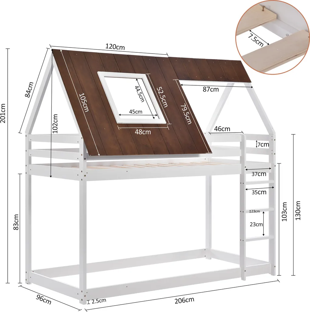 Merax Etagenbett Mit Rechtwinkliger Leiter Und Fallschutz, Dach Und Zäune, Kinderbett 90x200cm Stockbett Hausbett Aus Kiefer, Weiß Und Braun – Bild 4