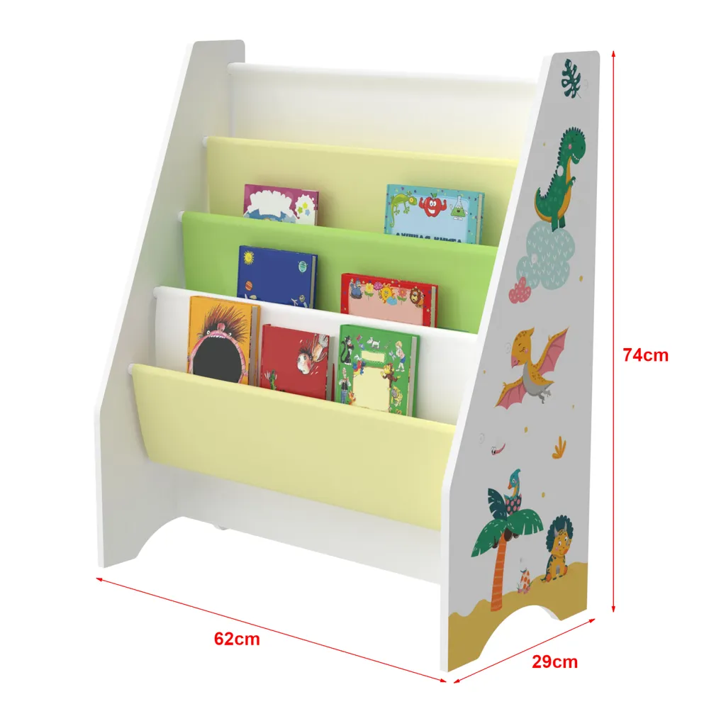 Kinderregal Fisterra Kinder-Bücherregal Freistehend Mit Dinosaurier-Motiv 74 X 62 X 29 Cm Kinderzimmerregal Mit 4 Offenen Ablagefächern Bücher-Organizer Weiß / Grün / Gelb – Bild 3