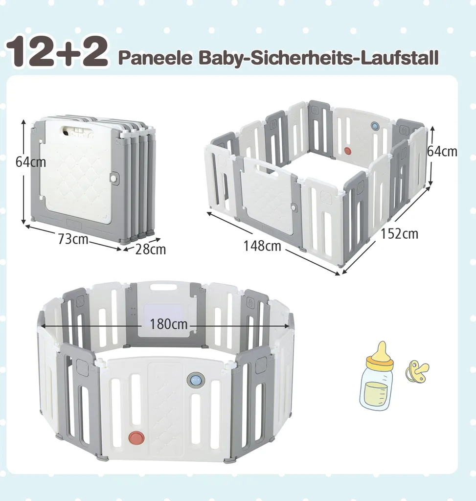 COSTWAY Faltbares Laufstall, Baby-Laufgitter Mit Tür & Spielpaneel & Sicherheitsschloss, Mit Whiteboard & Kugel & Soundknopf, Absperrgitter Für Babys & Kinder Von 6-36 Monaten, Beige (12+2 Paneelen) – Bild 5