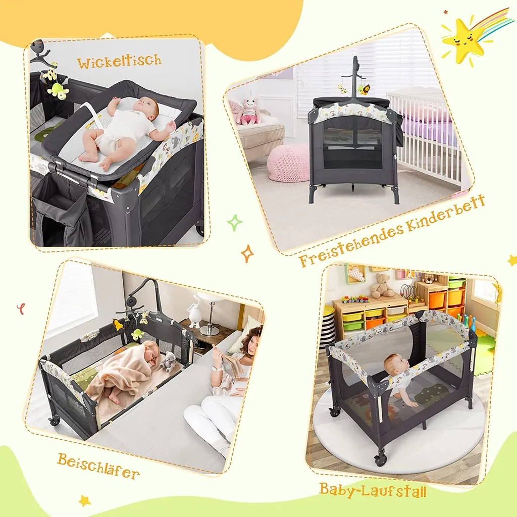 COSTWAY 4 In 1 Klappbares Reisebett & Beistellbett & Wickeltisch & Laufstall Rollbar, 2 Ebenen Babybett Inkl. Spielbogen, Matratze, Wickelauflage, Windelaufbewahrung Und Spieluhr (Hellgrau) – Bild 5