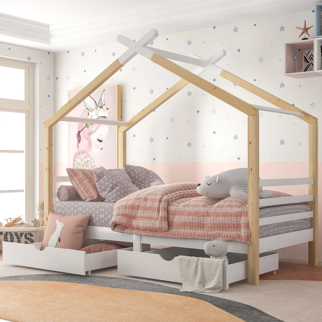Merax Kinderbett 90x200cm Hausbett Mit Lattenrost Und 2 Schubladen, Spielbett Massivholzbett Für Kinder-und Jugendzimmer, Weiß/Natur