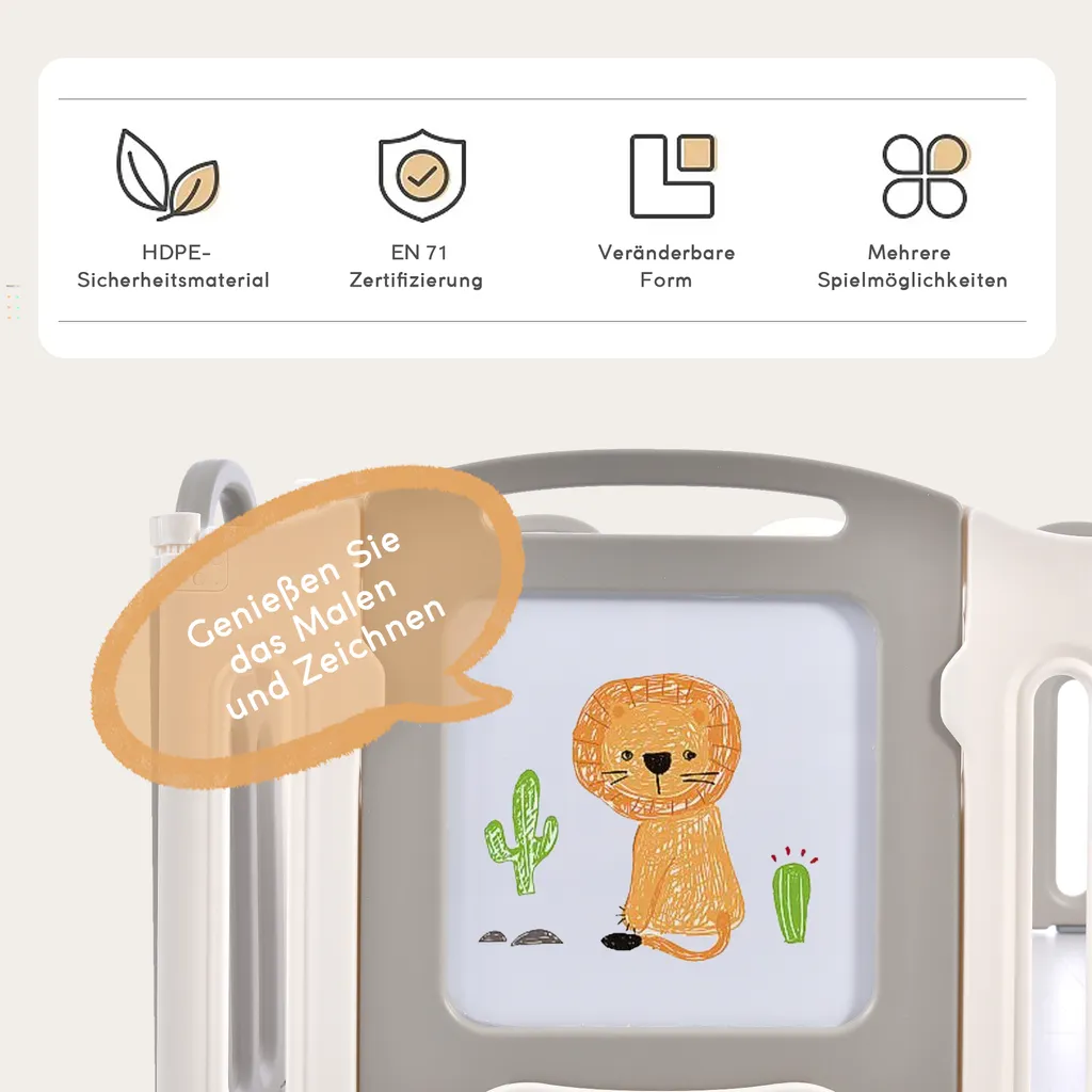 Merax Laufgitter Faltbar Laufstall Baby Absperrgitter 13+2 Paneele Schutzgitter Mit Schaukeln, Rutsche, Basketballkorb, Pinsel Und Zeichenbrett, Krabbelgitter 5-in-1 Laufgitter Für Kinder, Grau – Bild 4