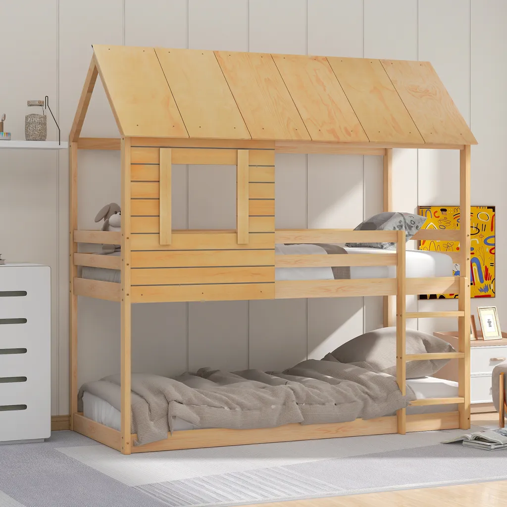 Merax Etagenbett 90x200cm Kinderbett Hochbetten Mit Dach, Leiter, Fenster Und Lattenrost, Doppelstockbett 2 Einzelbetten Für Kinderzimmer, Kiefernholz Rahmen, Eichenfarbe – Bild 2