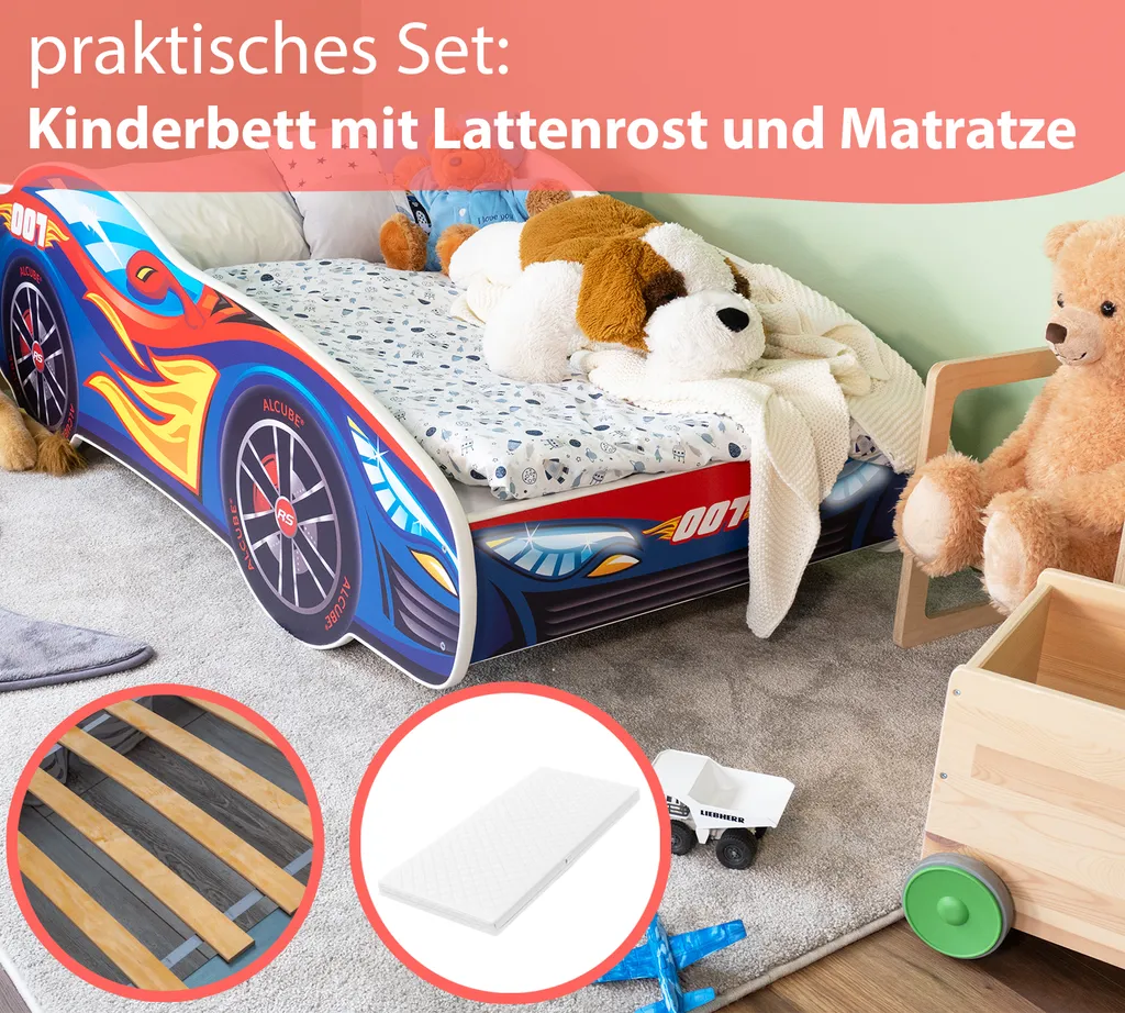 Alcube® Autobett 80x160 Mit LED-Beleuchtung PKW Burning Flame Mit Matratze Und Lattenrost Jugendbett Kinderbett 80x160 Cm - Blau – Bild 7