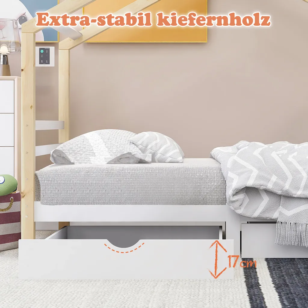 Merax Kinderbett 90x200cm Hausbett Mit Lattenrost Und 2 Schubladen, Spielbett Massivholzbett Für Kinder-und Jugendzimmer, Weiß/Natur – Bild 4