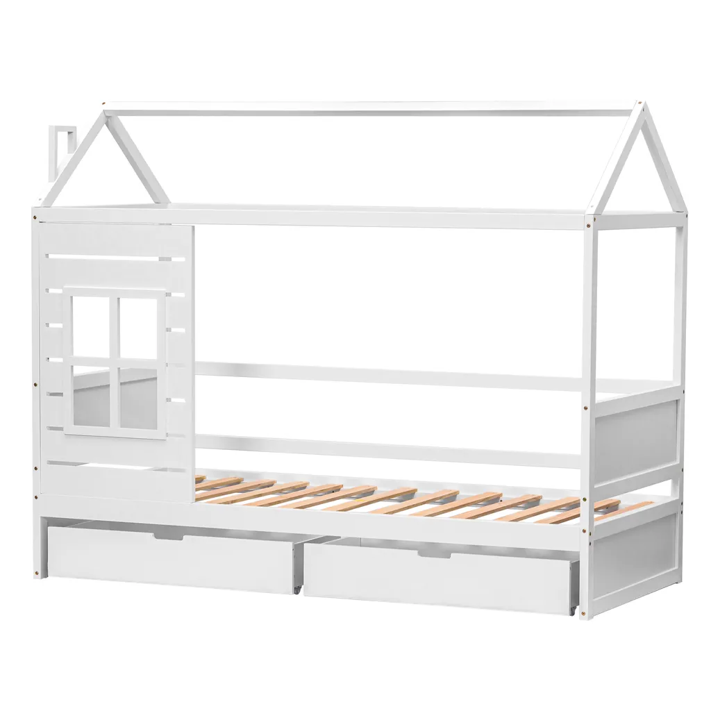 Merax Kinderbett 90x200cm Hausbett Mit 2 Schubladen Und Rausfallschutz, Dach Und Fenster, Kiefer Einzelbett Babybett Kinderhaus Mit Lattenrost, Weiß – Bild 10