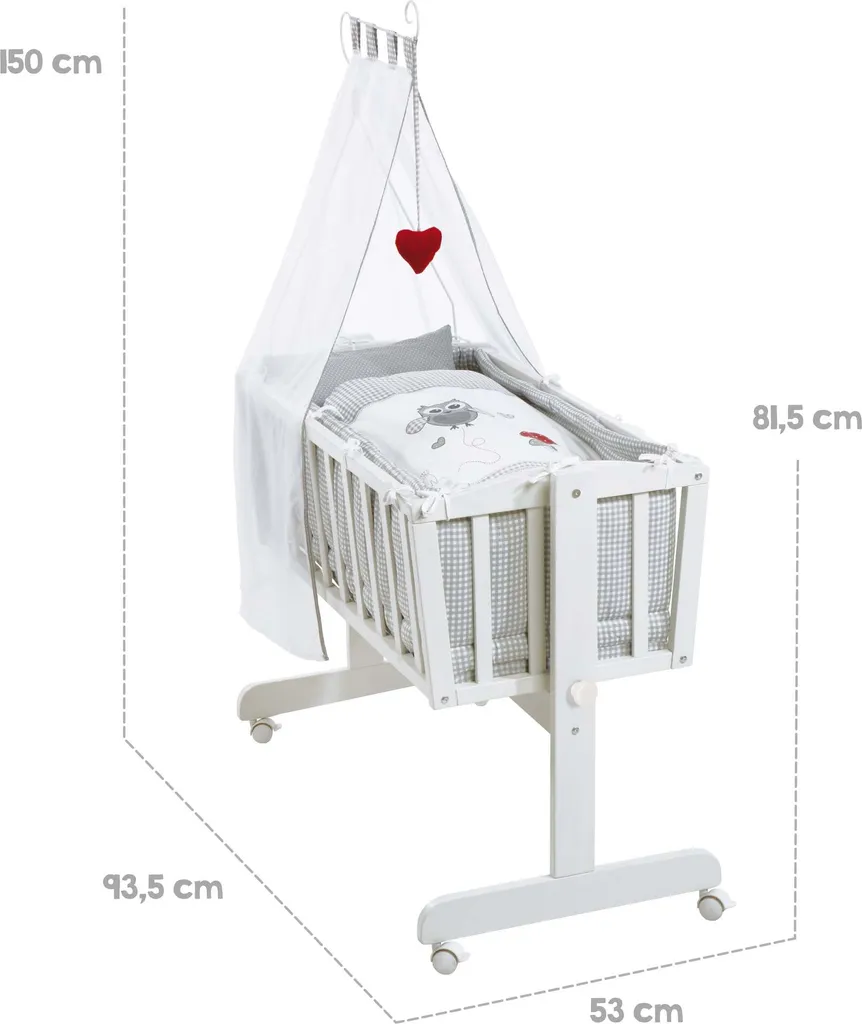 Roba Komplettwiegenset 'Adam & Eule' (40x90cm), Weiß, Mit Feststellfunktion, Inkl. Ausstattung – Bild 5