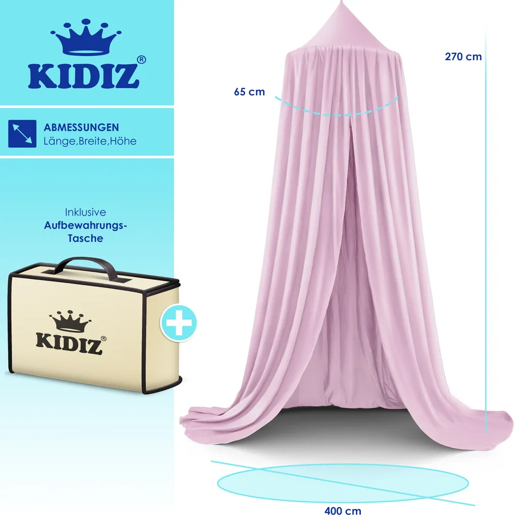KIDIZ® Baldachin Kinderzimmer Betthimmel Babybett Für Schlafzimmer Inkl. Aufbewahrungstasche | Ohne Bohren | Saumlänge Ca. 270cm | Moskitonetz Insektenschutz Kinder Spielzelte, Farbe:Rosa – Bild 8