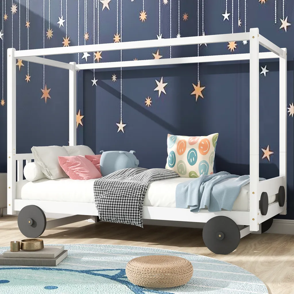 Merax Kinderbett 90x200cm Autobett Mit Lattenrost Und Rädern, Abnehmbarer Rahmen, Rahmen Aus Kiefer, Einzelbett Jungenbett Babybett Für Mädchen Und Jungen, Weiß