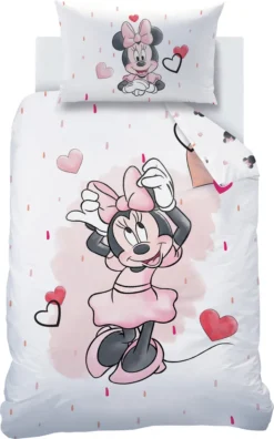 Minnie Mouse Babybettwäsche 100x135 + 40x60 Cm 2 Tlg., 100 % Baumwolle In Biber, Süße Disney Minnie Maus Kinderbettwäsche Mit Vielen Herzchen In Rosa / Zartrosa, Weiß & Rot