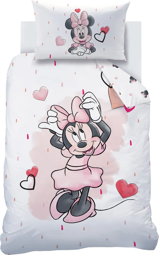 Minnie Mouse Babybettwäsche 100x135 + 40x60 Cm 2 Tlg., 100 % Baumwolle In Biber, Süße Disney Minnie Maus Kinderbettwäsche Mit Vielen Herzchen In Rosa / Zartrosa, Weiß & Rot