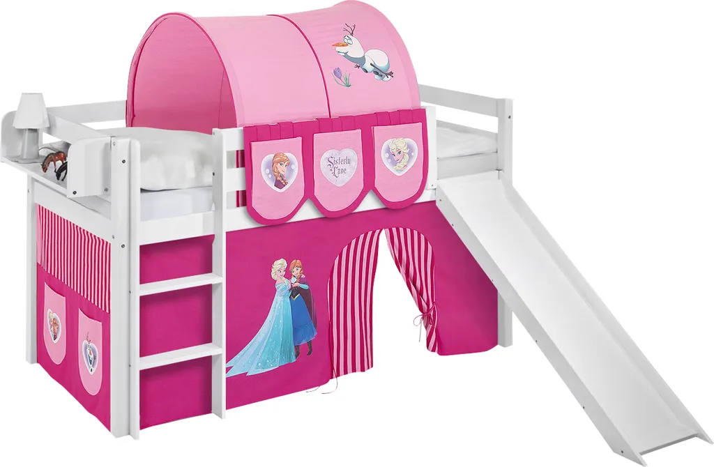 Hochbett JELLE In Weiss Mit RUTSCHE Und Rosa FROZEN / Eiskönigin / Anna & Elsa Vorhang. Kinderbett & Spielbett Von LILOKIDS – Bild 2