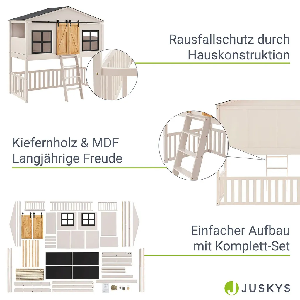 Juskys Kinderbett Farmhaus 90 X 200 Cm Mit Treppe, Dach & Fenster – Hochbett Rosa Für Kinder – Lattenrost Bis 150 Kg – Hausbett Aus Massivholz – Bild 5