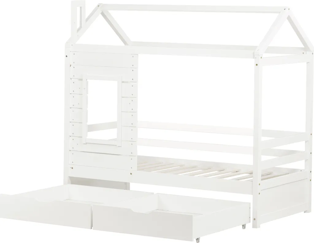 Merax Kinderbett Hausbett Mit Rausfallschutz Und Schubladen, Massivholz Spielbett 160x80 Cm Babybett Mit Lattenrost Und Fenster, Weiß – Bild 13