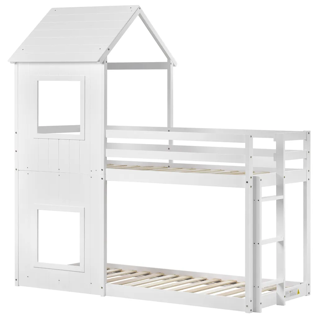 Merax Etagenbett 90x200 Cm Hochbett Mit Treppe Und Lattenrost, Dach Und Rausfallschutz, Kieferholzbett Kinderbett Für 2 Kinder, Weiß – Bild 10