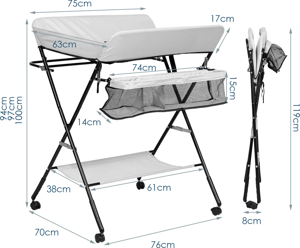 Lospitch Baby Wickeltisch Mulde Badewanne Höhenverstellbare Klappbar Wickelkommode Klappbarer Höhenverstellbarer Mit Auflage Mit Abschließbaren Rädern Sicherheitsgurt – Bild 2