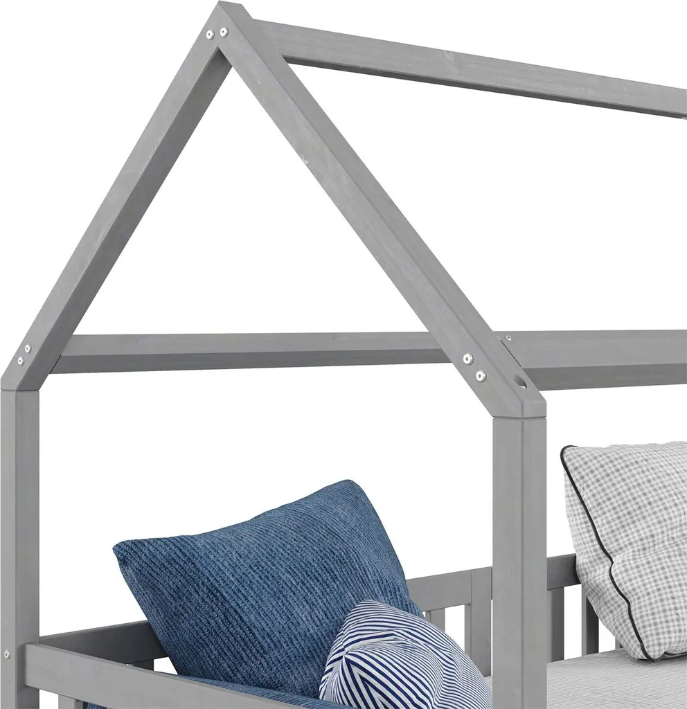 Hausbett NUNA Aus Massiver Kiefer, Montessori Bett In 90 X 200 Cm Mit Rausfallschutz, Spielbett Mit Schubladen, Modernes Kinderbett Mit Dach In Grau – Bild 4
