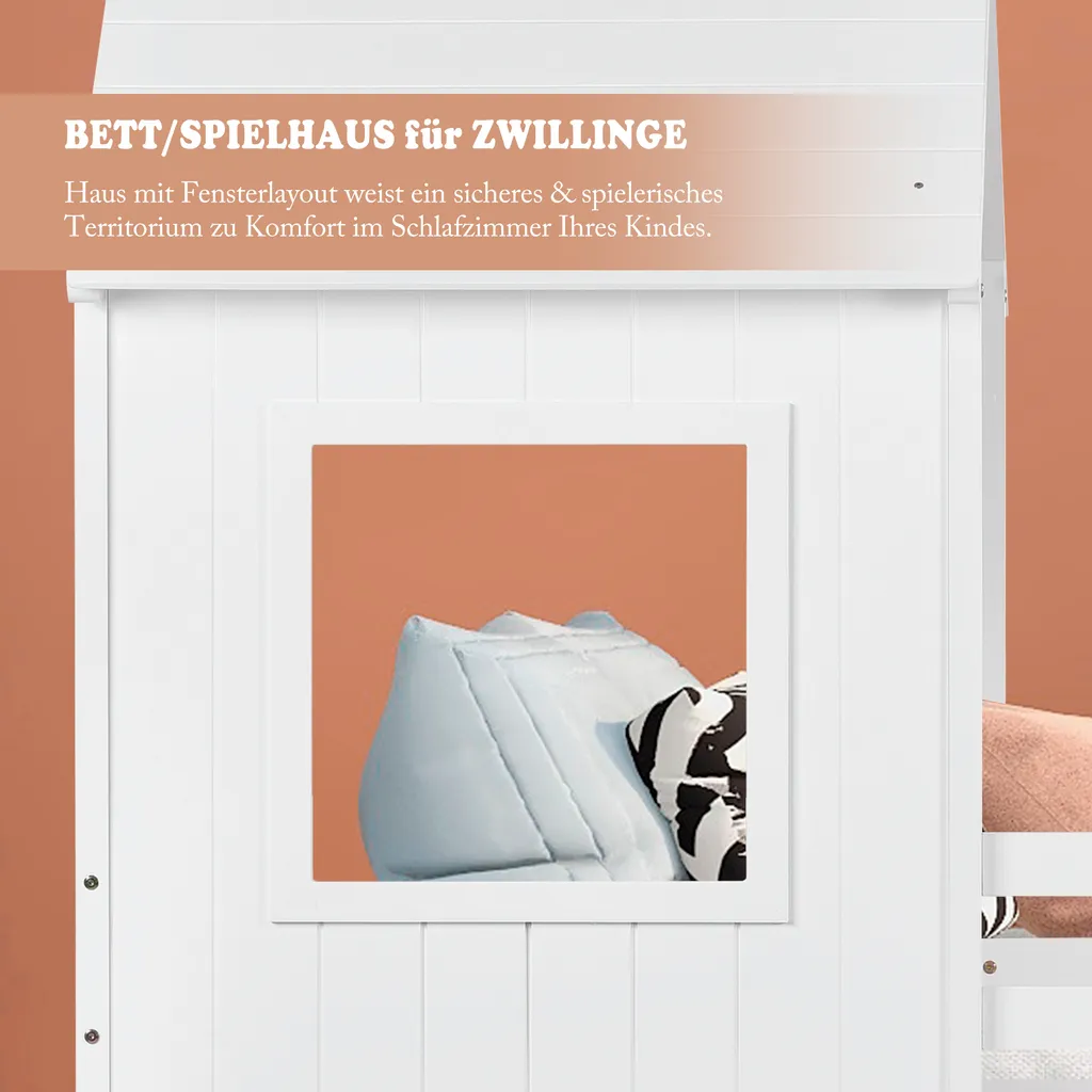 Merax Etagenbett 90x200 Cm Hochbett Mit Treppe Und Lattenrost, Dach Und Rausfallschutz, Kieferholzbett Kinderbett Für 2 Kinder, Weiß – Bild 6