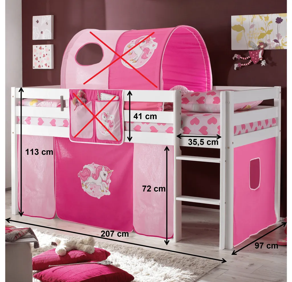 Hochbett Kiefer Massiv Weiß Inkl. Vorhang EN 747-1 + 747-2 Kinderbett Spielbett Kinderbett Massivbett Kinderzimmer Stockbett