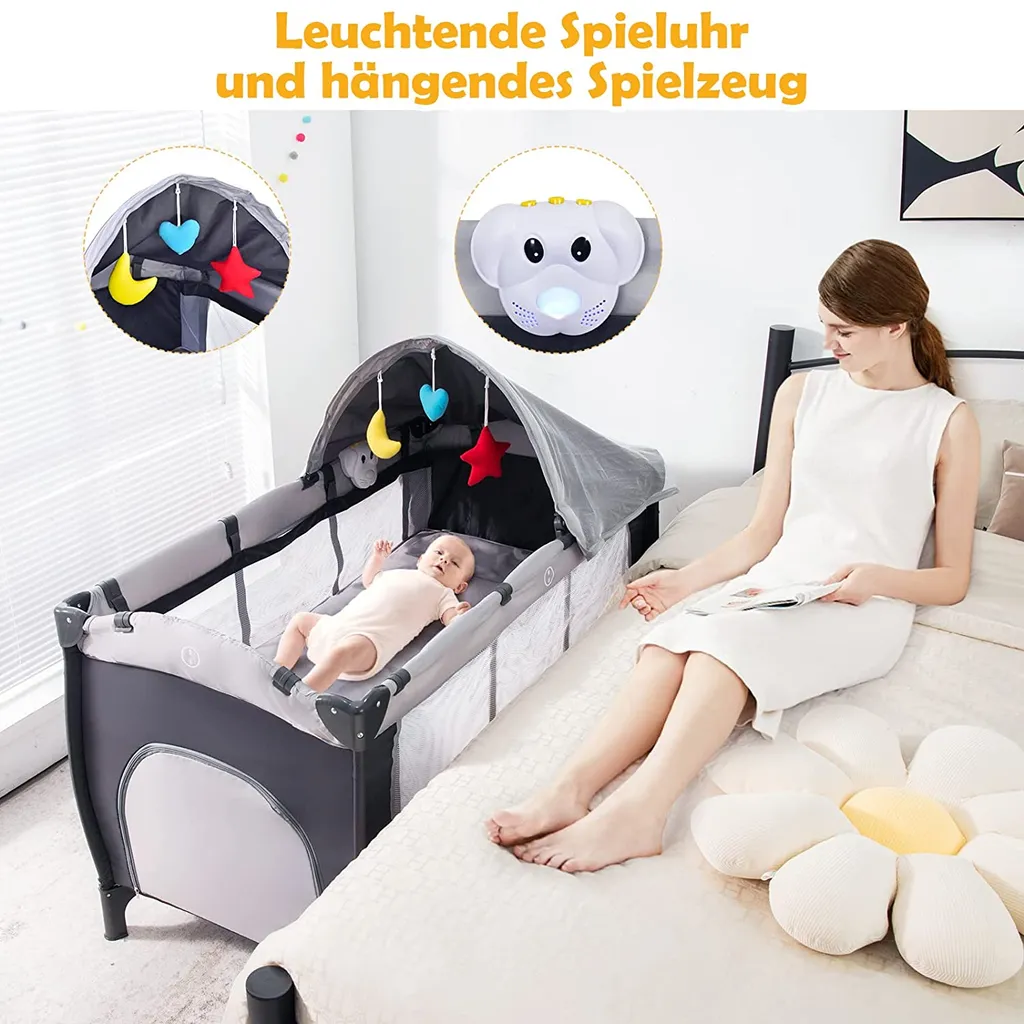 COSTWAY 4 In 1 Klappbares Reisebett & Babywiege & Wickeltisch & Laufstall Mit Schaukelfunktion, Inkl. Spieluhr, Spielbogen, Wickelauflage, Matratze, Windel Organizer Und Tragetasche (Grau) – Bild 2