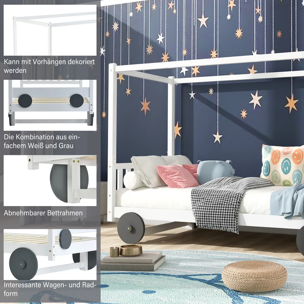 Merax Kinderbett 90x200cm Autobett Mit Lattenrost Und Rädern, Abnehmbarer Rahmen, Rahmen Aus Kiefer, Einzelbett Jungenbett Babybett Für Mädchen Und Jungen, Weiß – Bild 4
