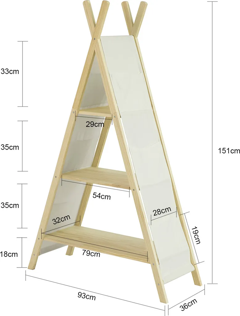 SoBuy KMB30-WN Tipi Kinderregal Mit 3 Aufbewahrungsfächer Kinder Bücherregal Spielzeugregal Kinderzimmerregal BHT Ca.: 93x151x36cm – Bild 4