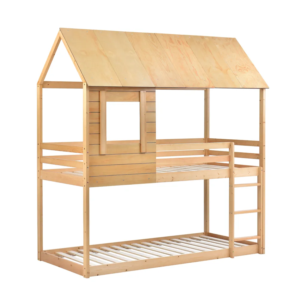 Merax Etagenbett 90x200cm Kinderbett Hochbetten Mit Dach, Leiter, Fenster Und Lattenrost, Doppelstockbett 2 Einzelbetten Für Kinderzimmer, Kiefernholz Rahmen, Eichenfarbe – Bild 8