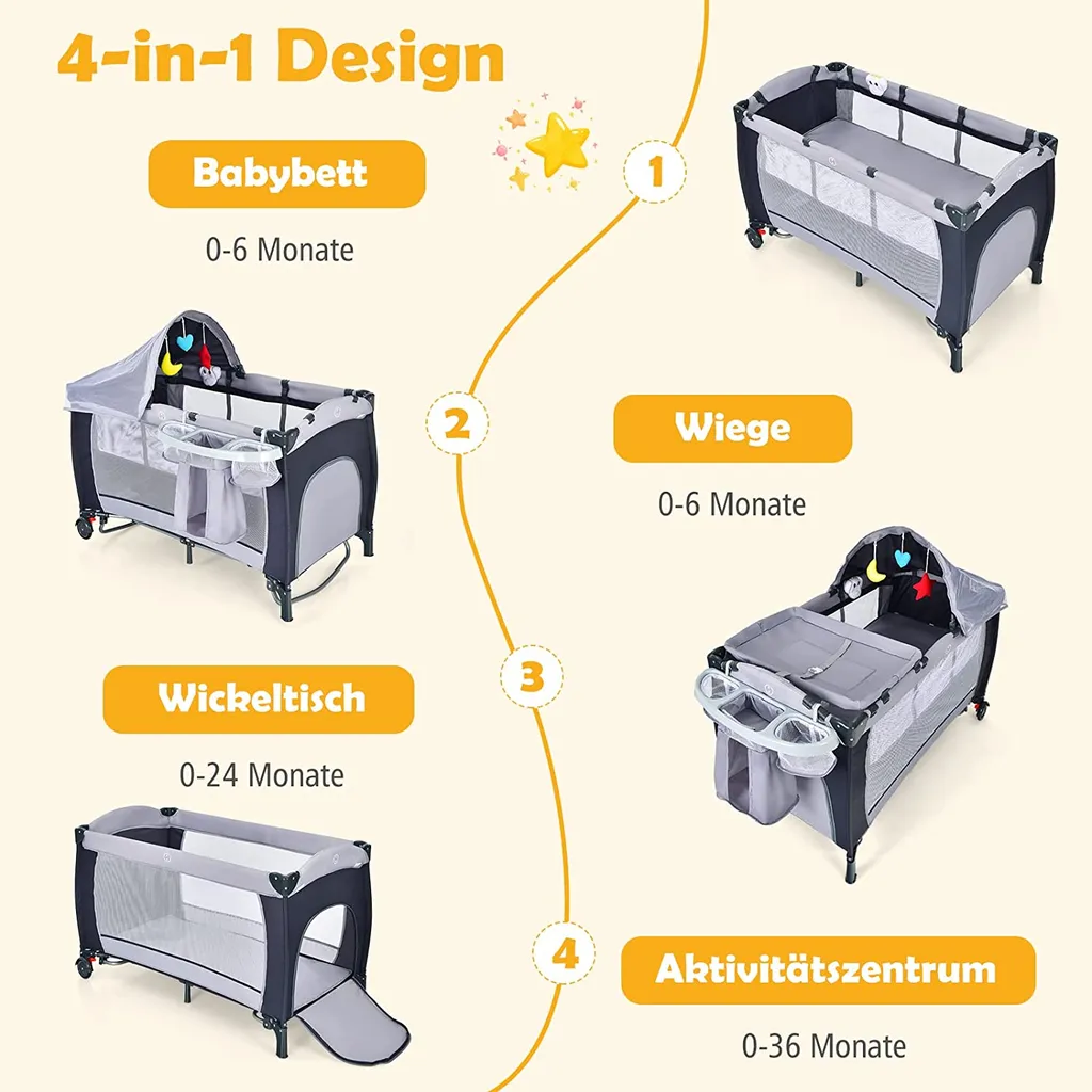COSTWAY 4 In 1 Klappbares Reisebett & Babywiege & Wickeltisch & Laufstall Mit Schaukelfunktion, Inkl. Spieluhr, Spielbogen, Wickelauflage, Matratze, Windel Organizer Und Tragetasche (Grau) – Bild 3
